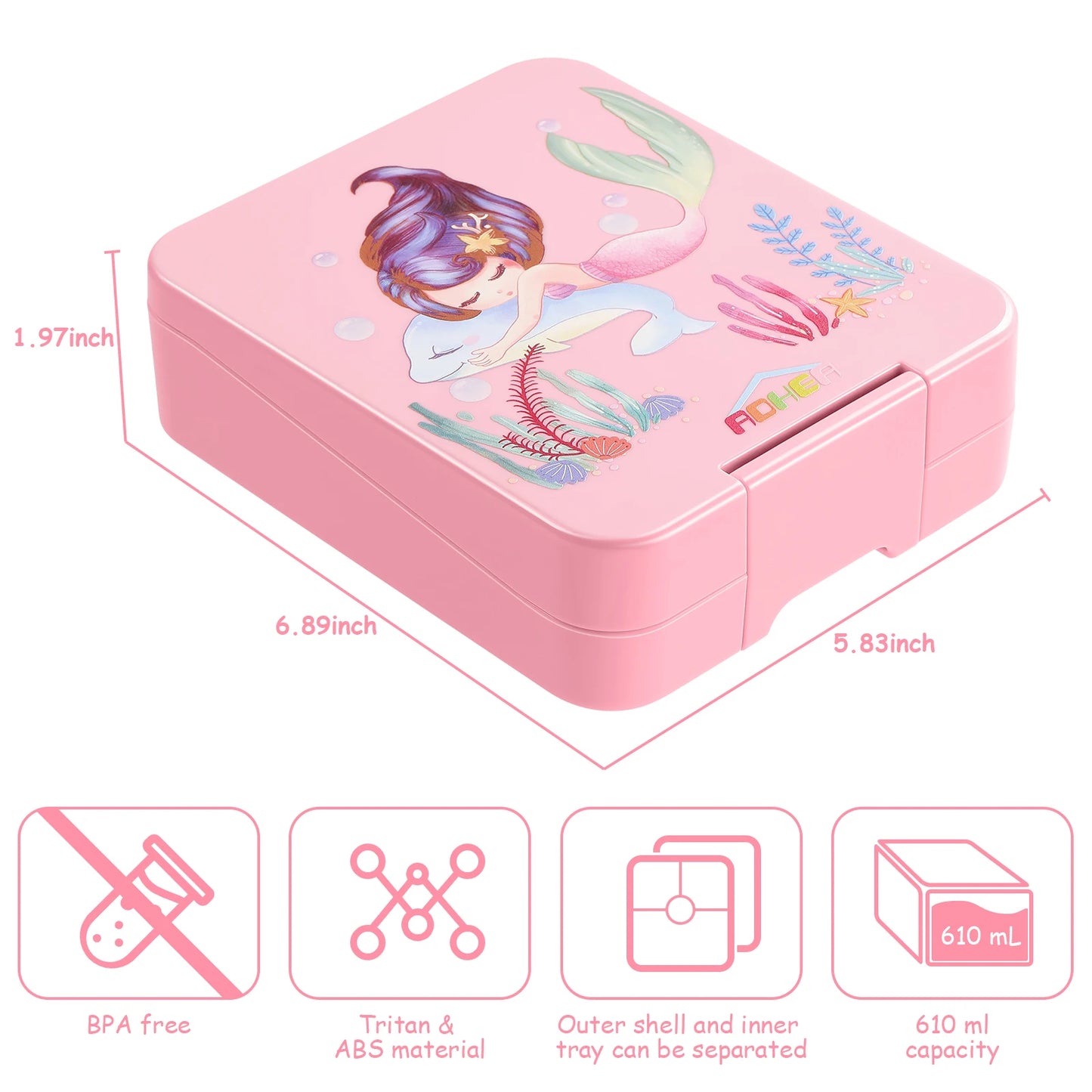 Bento Lunch Box for Kids: Mermaid Bento Boxes 4 Compartment Toddler Bento Containers for Daycare or School